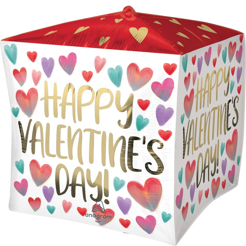 15" Painted Hearts Happy Valentine's Day Cubez Foil Balloon (1ct)