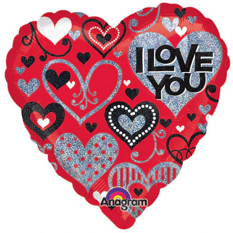 18" Love You Black & Red Sparkles Holographic Foil Balloon