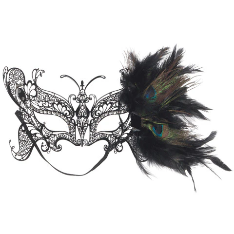 Black Metallic Mask with Feather