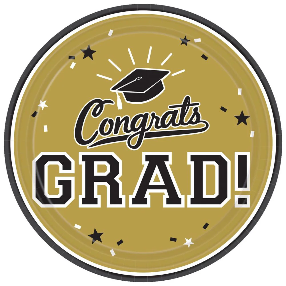 Congrats Grad Gold 9" Round Plates, 18ct