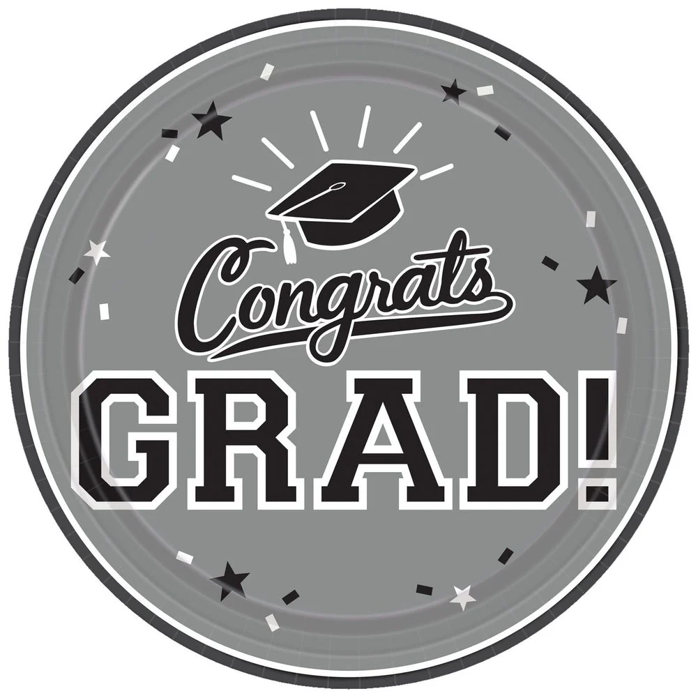 Congrats Grad Silver 9" Round Plates, 18ct