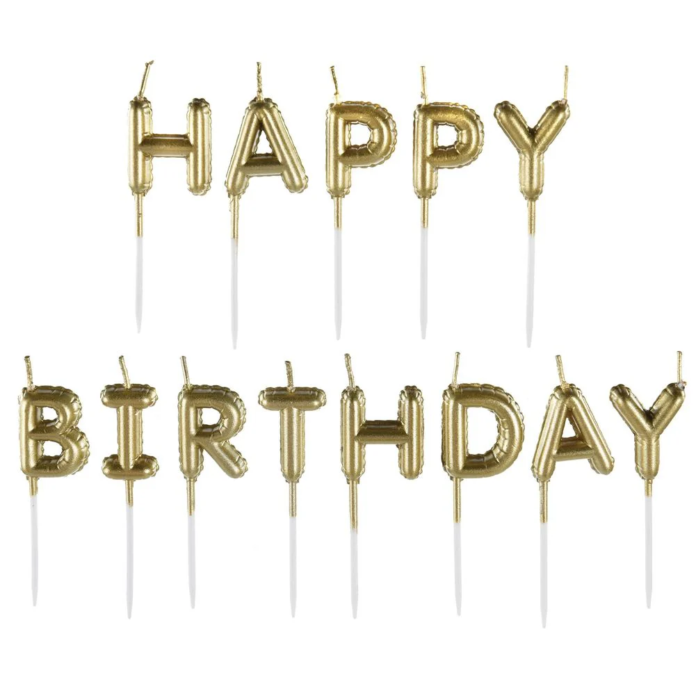 Gold Happy Birthday Balloon Pick Candles