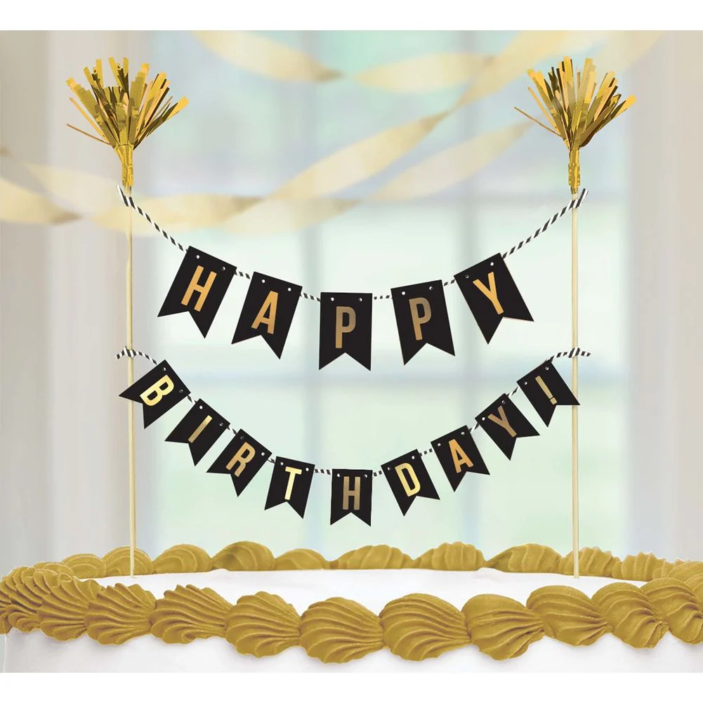 Happy Birthday Black & Gold Pennant Cake Topper