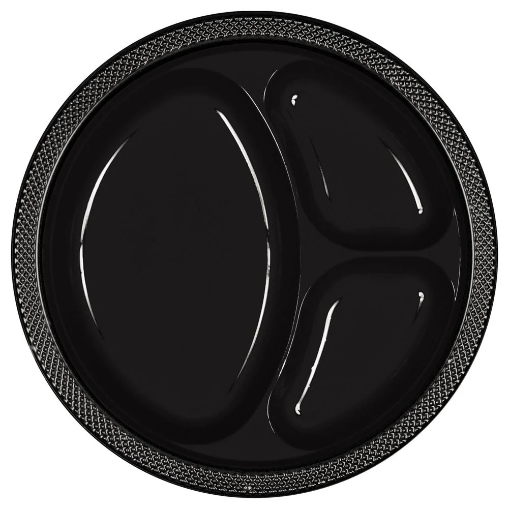 Jet Black Divided Plastic Banquet Plates (20ct)