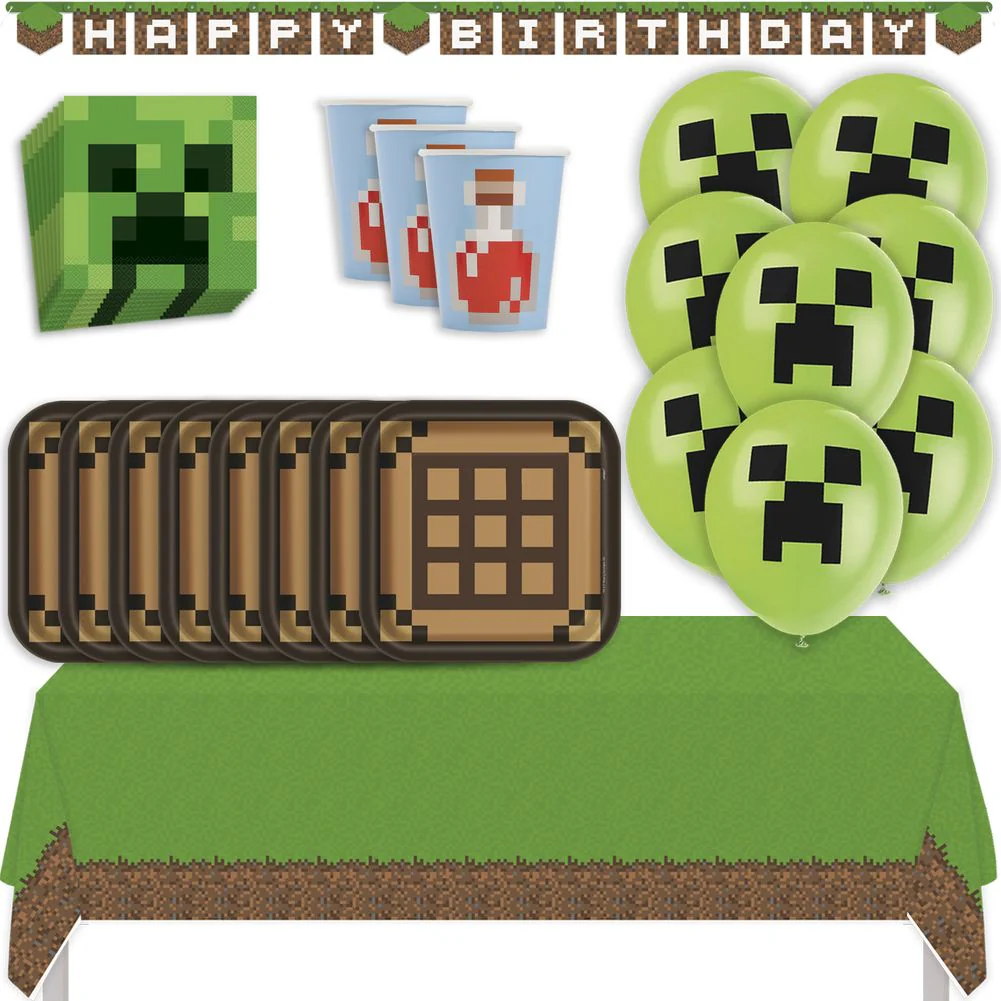 Minecraft Kit with 9" Plates, Luncheon Napkins, Cups, Tablecover, Balloons, & Banner