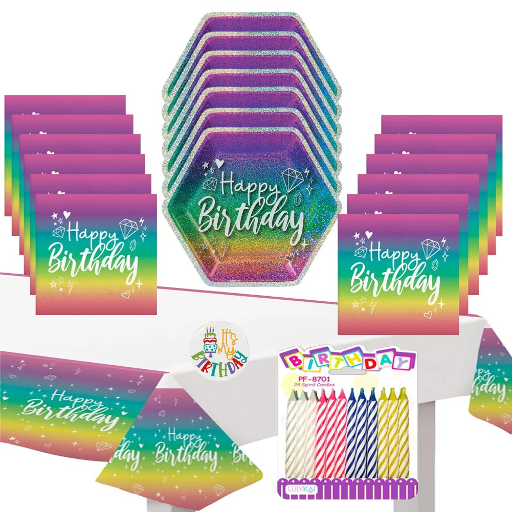 Prismatic Birthday Deluxe Tableware Party Kit for Pizza (16 Guests)