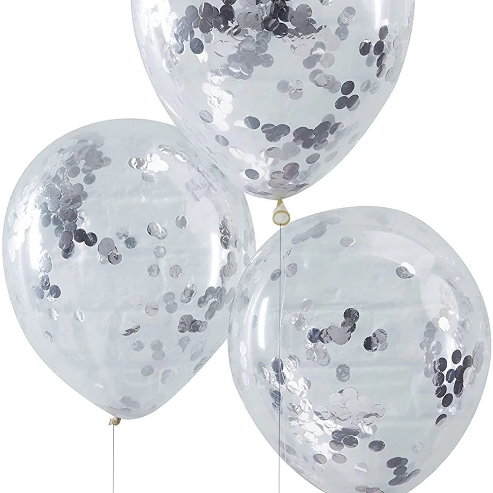 Silver Confetti Filled Clear Latex Balloons