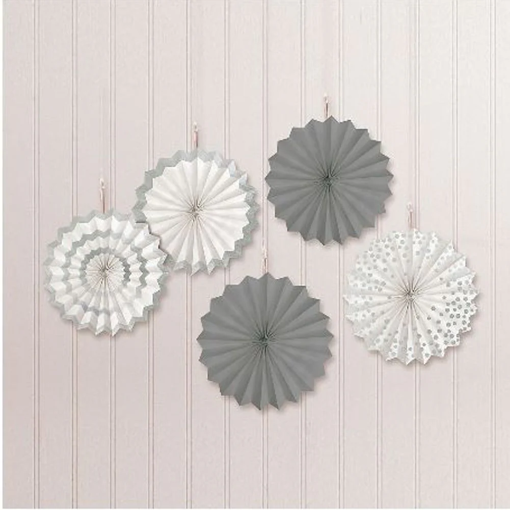 Silver Mini Paper Fan Decorations, 5ct