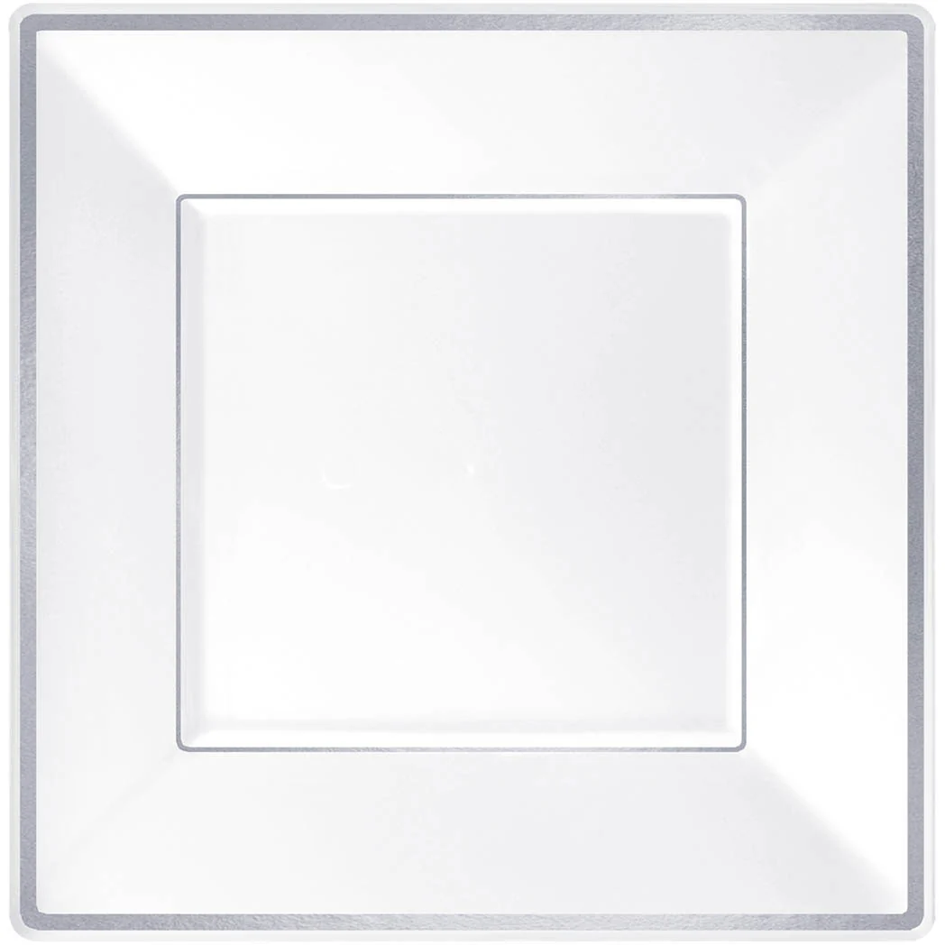 Silver Trimmed White Square Plastic Dessert Plates (8 ct)