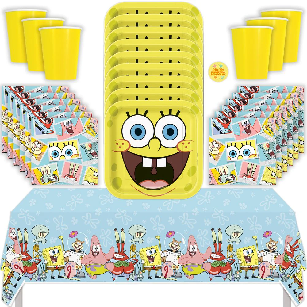 Spongebob Birthday Party Kit with Tablecloth, Plates, Napkins, Cups, & Sticker