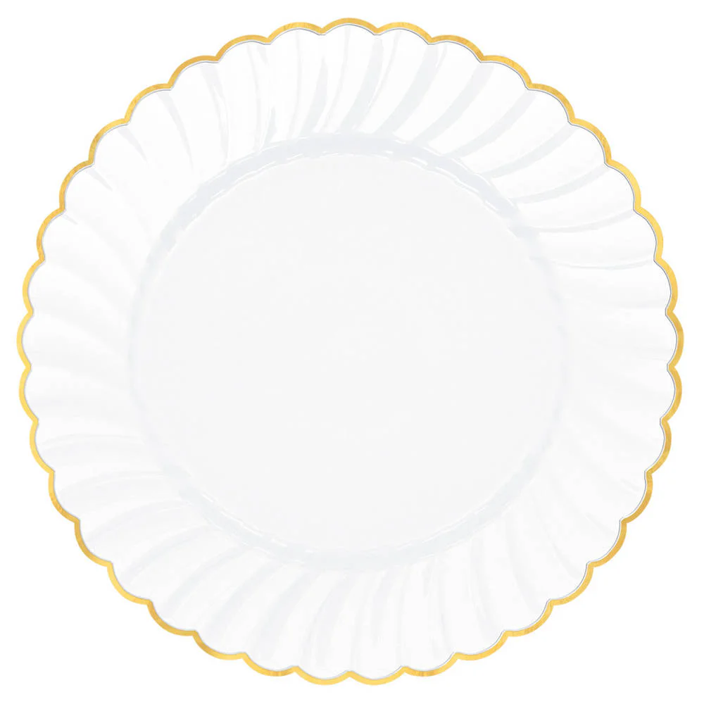 White Scalloped Plastic Banquet Plates with Gold Trim (10 ct)