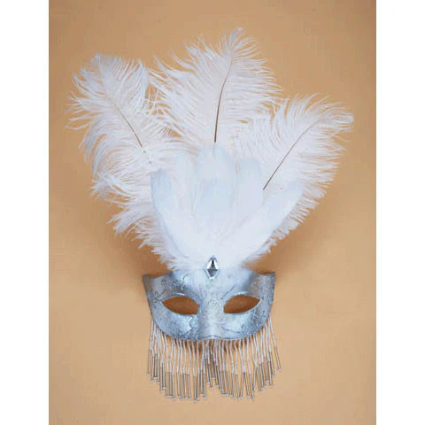 White Venetian Half Mask With Feathers & Beads